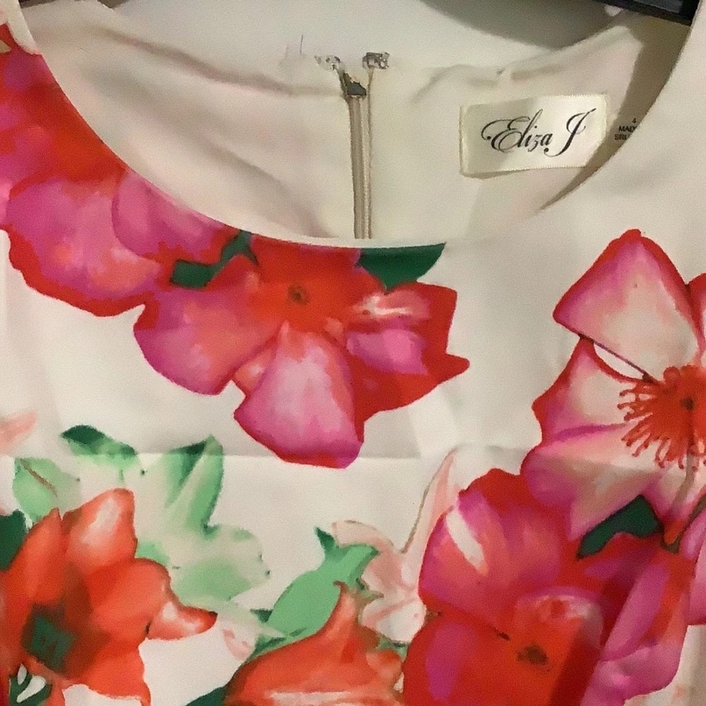 Eliza J White Dress with Red and Pink Floral Pattern